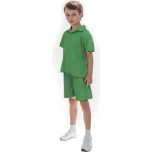 Shiny Home Tex Çimen Yeşili Havlu Kumaş Iki Parça Gömlek Yakalı Erkek Çocuk Plaj Ev Havuz Set Şort ve Üst Takım