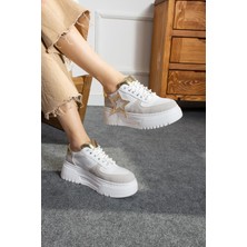 Shoetek Klarissa Kadın Sneakers Yandan Yıldızlı Bağcıklı Spor Ayakkabı Beyaz/altın Deri