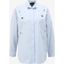 Fabrika Basic Gömlek Yaka Çizgili Mavi - Beyaz Kadın Gömlek F4SL-GML0028