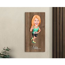 Bk Gift Kişiye Özel Kadın Koşu Karikatürlü Kabartma Figürlü Ahşap Tablo-1, Arkadaşa Hediye, Sevgiliye Hediye, Duvar Dekoru