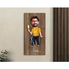 Bk Gift Kişiye Özel Golf Oyuncusu Karikatürlü Kabartma Figürlü Ahşap Tablo-1, Arkadaşa Hediye, Sevgiliye Hediye, Duvar Dekoru