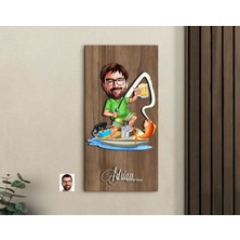 Bk Gift Kişiye Özel Balıkçı Karikatürlü Kabartma Figürlü Ahşap Tablo-2, Arkadaşa Hediye, Sevgiliye Hediye, Duvar Dekoru