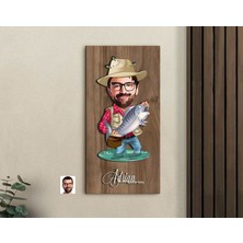 Bk Gift Kişiye Özel Balıkçı Karikatürlü Kabartma Figürlü Ahşap Tablo-3, Arkadaşa Hediye, Sevgiliye Hediye, Duvar Dekoru