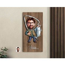 Bk Gift Kişiye Özel Balıkçı Karikatürlü Kabartma Figürlü Ahşap Tablo-1, Arkadaşa Hediye, Sevgiliye Hediye, Duvar Dekoru