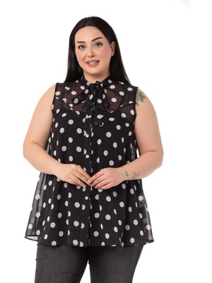 Disentis Modest Büyük Beden Kendinden Fularlı Kolsuz Puantiyeli Şifon Siyah Gömlek