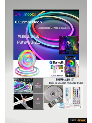 OEM Piksel Neon LED (6X12MM) 5 Metre Hazır Kumandalı Set/ IP68 Koruma / Adreslenebilir / Müzik Kontrol