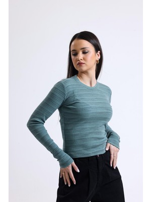 Çağla Bisiklet Yaka Uzun Kollu Fitilli Kaşkorse Bluz