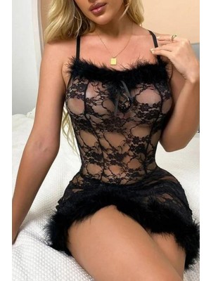 Bella Notte Siyah Peluş Detaylı Askılı Tül Gecelik 15593