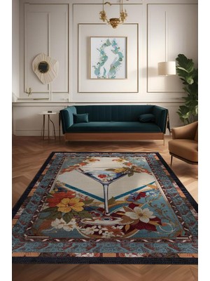 Homshtag Martini Temalı Geleneksel Desenli Orijinal Tasarımlı Party ve Mutfak Halı Renkli Baskı Halı