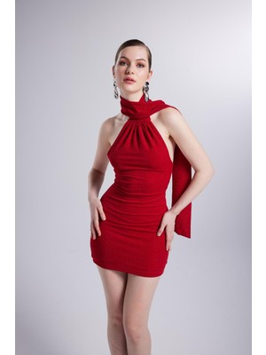 Holly Lolly Şal Yaka Sırt Dekolteli Simli Mini Bella Elbise Kırmızı