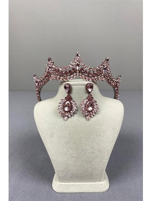 Hayalperest Boncuk Pembe Venedik Taşlı Gelin Kına Tacı ve Mekikli Küpe Seti