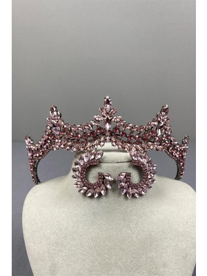 Hayalperest Boncuk Pembe Venedik Taşlı Gelin Kına Tacı ve Yuvarlak Küpe Seti