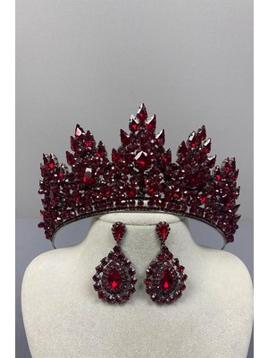 Bordo Lotus Boncuk İşlemeli Gelin Kına Tacı Ve Damla Küpe Seti