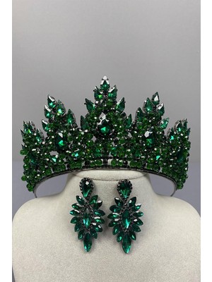 Zümrüt Yeşili Lotus Boncuk İşlemeli Gelin Kına Tacı Ve Mekik Küpe Seti