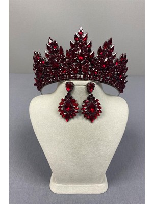 Bordo  Lotus Boncuk İşlemeli Gelin Kına Tacı Ve Damla Küpe Seti
