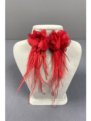 Hayalperest Boncuk Kırmızı Lazer Çiçekli Deve Kuşu Tüylü Küpe