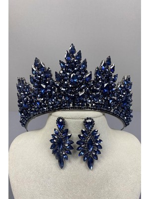 Lacivert Lotus Boncuk İşlemeli Gelin Kına Tacı Ve Mekik Küpe Seti