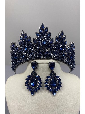 Lacivert Lotus Boncuk İşlemeli Gelin Kına Tacı Ve Damla Taşlı Küpe Seti