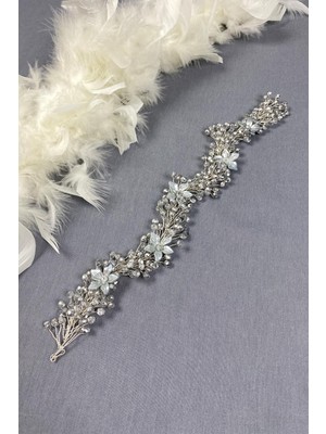 Hayalperest Boncuk Gri Taşlı Çiçekli Kristal Boncuklu Gelin Saç ve Türban Aksesuarı