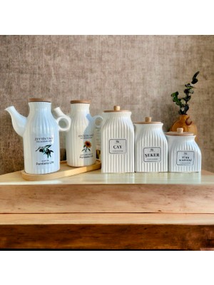 PEMBELİA LİFE 6 Parça Bambu Standlı Çizgili Porselen 1000ML Yağdanlık ve 3’lu Çay Şeker Türk Kahve Kavanoz Seti