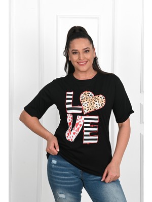 Koza Kadın Büyük Beden Love Baskılı T-Shirt 1577-23