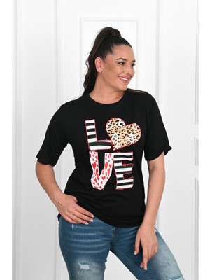 Koza Kadın Büyük Beden Love Baskılı T-Shirt 1577-23