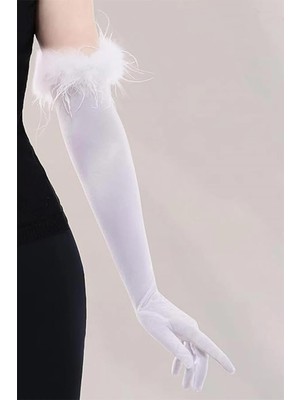 Hayalperest Boncuk Kırık Beyaz Tüylü Saten Gelin Eldiveni Uzun Balo Parti Eldiveni