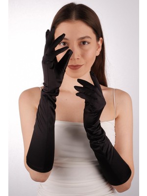 Hayalperest Boncuk Saten Likrali Gelin Eldiveni 47 cm Dans & Opera Kostüm Eldiveni