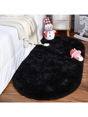 Siyah Oval Post Halı Peluş Yumuşak Kaymaz Dot Taban