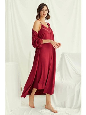 Monamise 18520 Kadın Ip Askılı Gecelik Sabahlık Takım-Kırmızı
