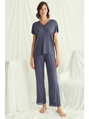 Monamise 18484 Kadın V Yaka  Kısa Kollu Pijama Takımı-Lacivert