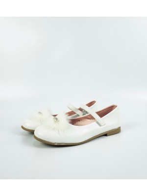 Alibo Çocuk Kız Tam Beyaz Tüy ve Taş Detaylı Babet Ayakkabı