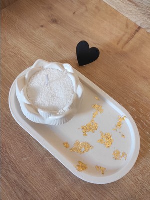 Yesilce Home Made Altın Varaklı Beton Tabak ve Lotus Kabında Inci Tozu Mum