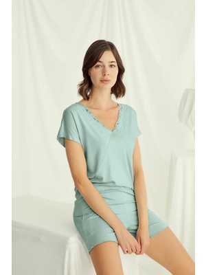 Monamise 18515 Kadın V Yaka  Kısa Kollu Şortlu Pijama Takımı-Açıkyeşil