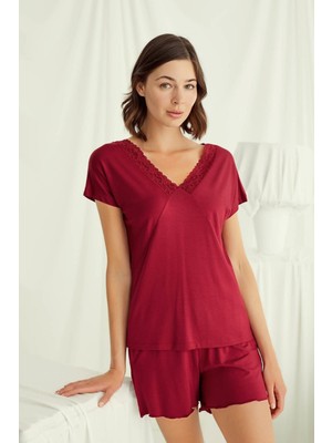 Monamise 18516 Kadın V Yaka  Kısa Kollu Şortlu Pijama Takımı-Kırmızı