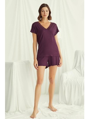 Monamise 18499 Kadın V Yaka  Kısa Kollu Şortlu Pijama Takımı-Bordo