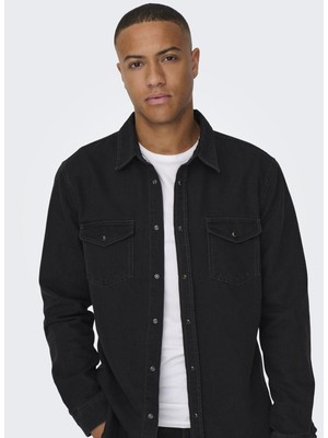 Only & Sons Normal Gri - Siyah Erkek Denim Gömlek Onsbane 3247 Dnm Shırt Noos