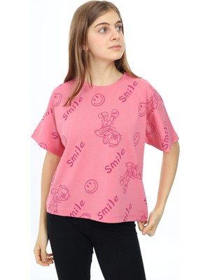 Pengai Pembe Smile Baskılı Bisiklet Yaka Kız Çocuk T-Shirt 17766