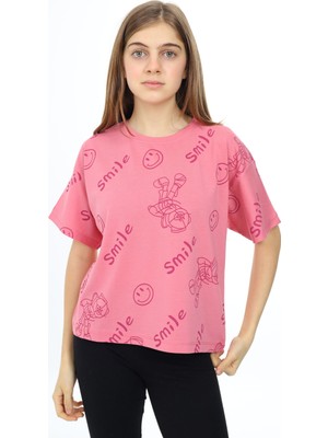 Pengai Pembe Smile Baskılı Bisiklet Yaka Kız Çocuk T-Shirt 17766