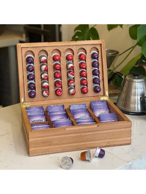 Köymen Woods Kapsül Kahve Standı Nespresso & Jacobs Uyumlu Kapsül Kahve ve Poşet Çay Kutusu Ahşap Kahve Kutusu