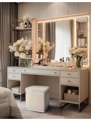 Gazzini Furniture Zengo Silver Twin Line Kare Puf Krem Kumaş Dekoratif Makyaj Masası Pufu