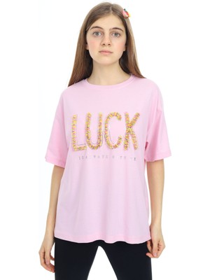 Pengai Pembe Luck Yazılı Bisiklet Yaka Kız Tişört 17802