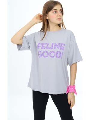 Pengai Gri Leopar Desenli Yazılı Bisiklet Yaka Kız T-Shirt 17778