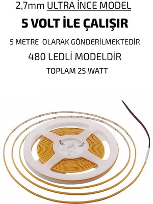 Kaled Ultra Ince 2,7mm Cob Şerit LED 5 Volt Pembe (Usbden Beslemeye Uygun) 480LED