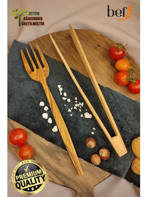 Bef Craft Tahta Kaşık Servis Çatalı Ahşap Maşa 2'li Set Zeytin Ağacı Mutfak Gereçleri Yemek Takımı Servis Seti