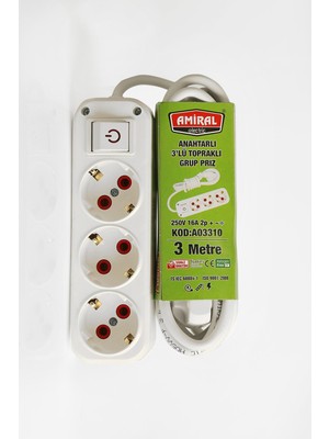 Amiral 3' lü Topraklı Anahtarlı 3 Metre Kablolu Grup Priz