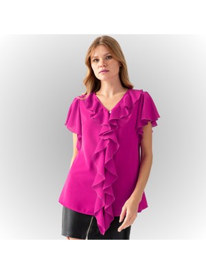 Etkimod Kadın Fuşya Volanlı Yaka ve Kol Önü Düğmeli Abiye Bluz