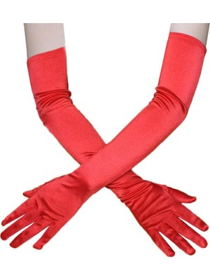 Kırmızı Renk Ekstra Lüks Parlak Uzun Boy Saten Eldiven