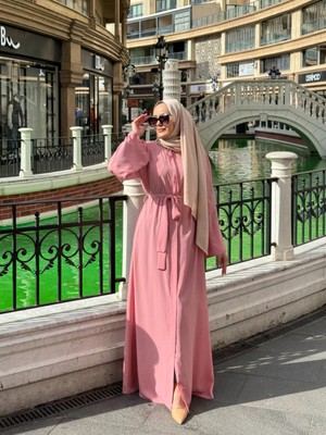 Hasenna FRC001 Gizli Fermuarlı Cepli Işlemeli Kuşaklı Ferace