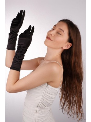 Hayalperest Boncuk Saten Likrali Gelin Eldiveni 38 cm Dans & Opera Kostüm Eldiveni